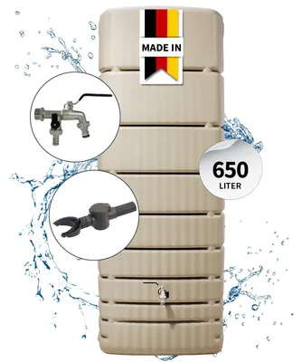Produktbild von 4rain SLIM Regentonne Wandtank Komplett-Set 650 Liter sandbeige inkl. Chrom-Doppelauslaufhahn und Fallrohranschluss