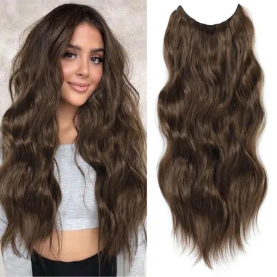 Image de Extension de cheveux de 61 cm, ondulés, en fibres synthétiques, couleur marron moyen, avec 4 clips