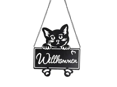Produktbild von Dekohänger Dekoschild Hänger Katze 20cm aus Metall in schwarz - Willkommen