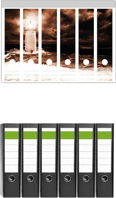 Produktbild von Wallario 6 Stück breite Ordner inkl. Klebeetiketten mit Motive Abstrakter Leuchtturm im Wasser bei stürmischer See -  Set mit Rückenschildern / Ordnerrücken Stickern