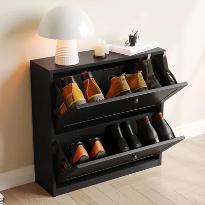 Produktbild von VOWNER Schuhschrank mit 2 Klappen, Schuhregal Schmal, 80 x 24 x 80 cm, Schwarz
