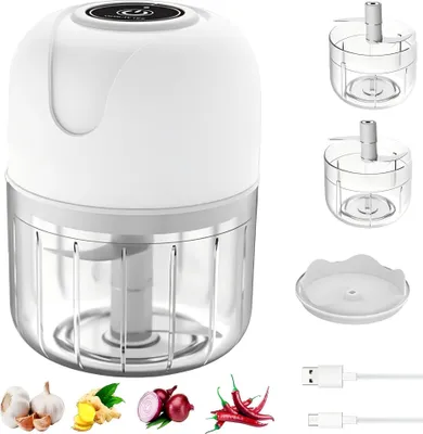 Produktbild von bedee Mini Zerkleinerer, Weiß, 100 & 250 ml, Elektrisch, USB-wiederaufladbar, kabellos, tragbar, Edelstahl – mit Sicherheitsverriegelung, spülmaschinenfest und Ein-Klick-Start, für Knoblauch, Gemüse, Fleisch & Babynahrung