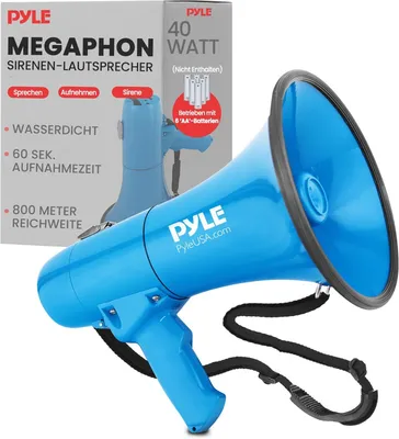 Immagine prodotto di Megafono Pyle con sirena e microfono – Altoparlante da 40 W, portata 800 m, funzione di registrazione, sistema di sirena impermeabile
