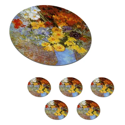 Obrázok produktu pre MuchoWow® Okrúhly sklenený podšálok, sada 6 ks Váza so sedmokráskami a sasankami - Obraz od Vincenta van Gogha 10x10x0.3cm Podložky pod poháre -