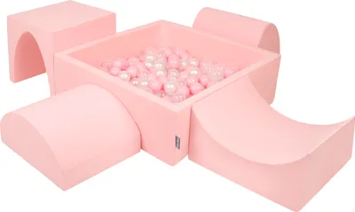Produktbild von KiddyMoon spielplatz aus schaumstoff mit quadrat bällebad (300 bälle) ballgruben für babys spielbad hindernisläufen, hergestellt in der eu, pink:puderrosa/perle/transparent
