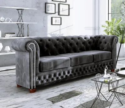 Produktbild von S-STYLE MÖBEL - Chesterfield Jutta Sofa 3-Sitzer aus Schwarz Samt-Stoff mit Holzfüßen, B/T/H: 203 cm/ 86 cm/ 72 cm