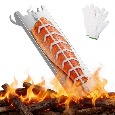 Zdjęcie produktu dla Deska do pieczenia łososia – płyta grillowa ze stali nierdzewnej – do miski ogniowej – obracana o 180° – może służyć również jako płyta do wędzenia