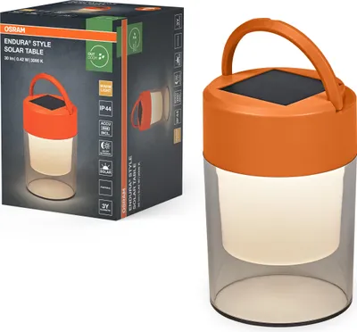 Produktbild von Osram ENDURA Style Solar Tischleuchte, 0,42W, 20lm, 3000K Warmweiß, dimmbar, Aufhänger, IP44, Kunststoff Orange