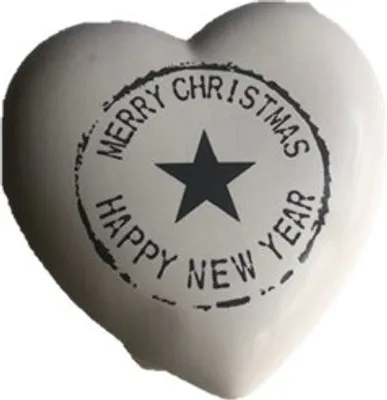 Produktbild von Herz weiß mit Merry Christmas und Stern Happy New Year klein