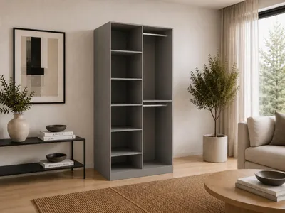 Produktbild von Drehtürenschrank, Falttürenschrank 2-türig Schrank mit Einlegeböden und Kleiderstange, Schlafzimmer - Schrank Minewra 100 - Grau Flutes