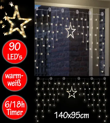A collage showing star-shaped LED string lights for decoration, with text overlays indicating product features.