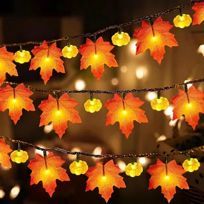 Imagen del producto de Guirnalda decorativa - Calabaza - Hoja de arce - Bellotas - Día de Acción de Gracias - Halloween - 3 metros - 20 luces LED - Para interiores