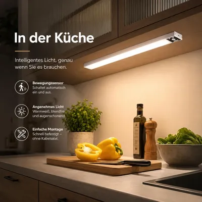 Produktbild von 30cm Schrankbeleuchtung Led Mit Bewegungsmelder 2 Stück Kabellos Led Leiste Wiederaufladbar Unterbauleuchte Küche Sensor Licht Für Innen Kleiderschrank Treppe