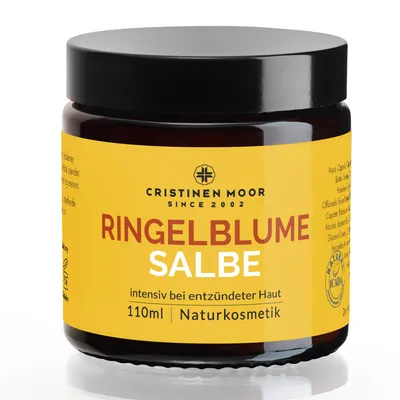 Produktbild von Cristinen Moor Bio Ringelblumensalbe 110 ml I Naturkosmetik, Ringelblumencreme ohne duftende Zusatzstoffe, intensiv bei trockener und entzündeter Haut, KI-generiertes Bild