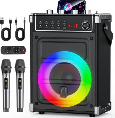Zdjęcie produktu dla Urządzenie do karaoke – przenośny głośnik – muzyka imprezowa – z 2 mikrofonami – głośnik basowy 5.25 cala – czarny