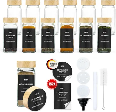 Produktbild von Zimilo 12-teiliges Gewürzgläser Set mit Etiketten, 120 ml, Wasserdichte Labels, Aufbewahrung, BPA-frei, Holzmaserungsabdeckung, für Küche