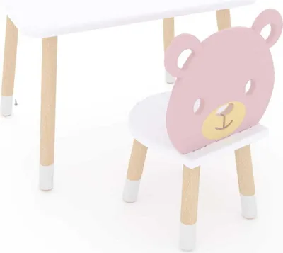 Produktbild von DEKORMANDA – Kindertisch mit stuhl – möbel für ein kinderzimmer – ein stuhl in teddybärform für kleine tierliebhaber – weißer kindertisch mit 1 stuhl