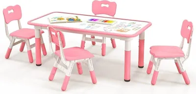 Produktbild von Kindertisch mit 4 Stühlen Set mit Graffiti-Tischplatte Höhenverstellbare Kindersitzgruppe Rosa