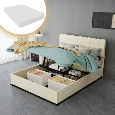 Obrázok produktu pre Postel s čalúneným čelom, rozmery 140x200 cm, vrátane matraca, s mäkkým čelom a vysokým úložným priestorom, potiahnutá zamatom, s drevenou konštrukciou, farba: béžová