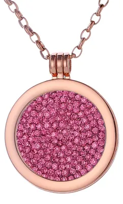 Image de Collier pour femme Morella, 70 cm, en acier inoxydable doré rose, avec pendentif et médaille de 33 mm ornée de zircons roses, livré dans une pochette à bijoux