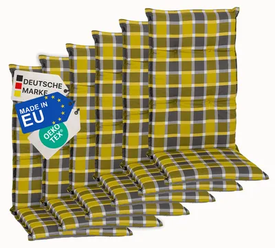 Produktbild von NYVI Gartenstuhl Auflagen Hochlehner 6er Set Barcelona - UV-Beständig, Atmungsaktiv, Strapazierfähig - Hochlehnerauflagen Sitzkissen Outdoor - Sitzauflagen für Gartenstühle 118x50cm Karo Gelb Grau