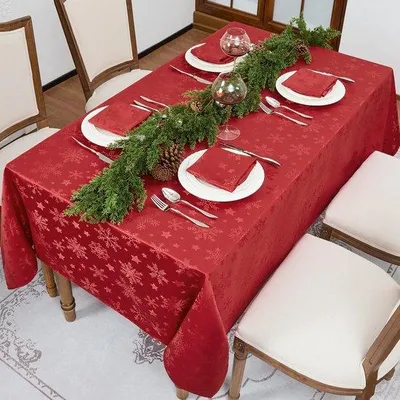 Produktbild von Unyqoos® Rote Jacquard-Tischdecke mit Schneeflocken & Sternen, Polyester mit Lotuseffekt, weihnachtlich & pflegeleicht, maschinenwaschbar 30°C