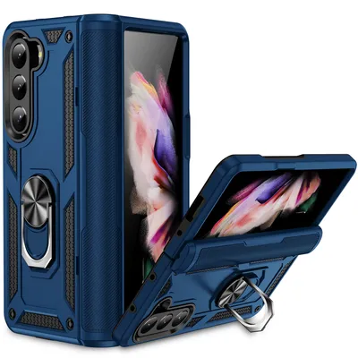 Obrázek produktu pro Pouzdro pro Samsung Galaxy Z Fold 5 dvouvrstvé robustní, vojenská ochrana pouzdro s držákem prstenu a stojánkem modré