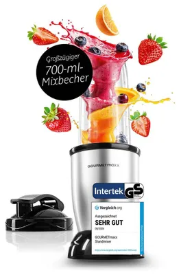 Produktbild von GOURMETmaxx Smoothie Maker 700ml Mini-Standmixer für Smoothies Cocktails praktischer To-go-Aufsatz Zerkleinerer Nutrition Mixer & zum Pürieren 4-tlg.