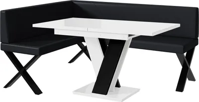 Produktbild von MEBLINI Eckbank für Esszimmer mit ausziehbarem Tisch  - Küchenbank - Essecke - Sitzecke Küche - ERIC - X-Beine 128x168x87cm Links - Schwarz Kunstleder/M Weiß-Schwarz Hochgl.