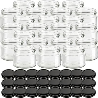 Produktbild von gouveo 24er Set Einmachgläser 300 ml Salsa mit Schraubdeckel schwarz BS - Vorratsgläser mit Drehverschluss TO82 - Marmeladengläser, Einkochgläser