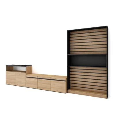 Produktbild von Wohnwand Wohnzimmer, 360x35x186cm, Für TV-Geräte bis zu 65", Wohnzimmer Möbel, Eiche und Schwarz