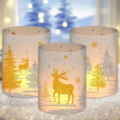 Productafbeelding van Luckeey 12-delige set windlichten, tafeldecoratie, kerst, kerstdecoratie voor binnen, decoratieve tafelaccessoires, kerstornamenten met hertenmotief, geschikt voor theelichthouders of kaarsen
