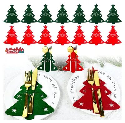 Produktbild von Weihnachtliche Bestecktaschen, 16 Stück Besteckhalter in Weihnachtsbaumform