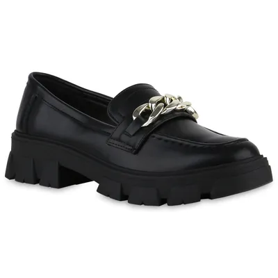 Produktbild von VAN HILL Damen Loafers Slippers Ketten Profil-Sohle Schuhe 840656, Farbe: Schwarz, Größe: 38