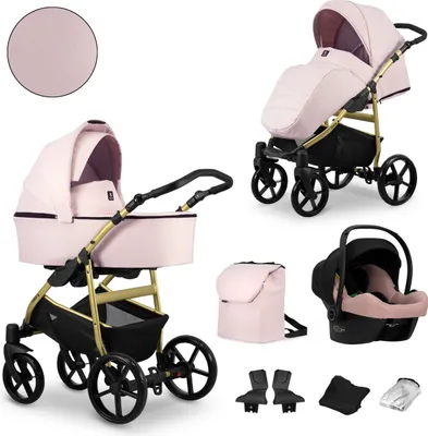 Produktbild von Kinderwagen MATA Sportwagen Babywagen Babyschale Komplettset Kinder Wagen Autositz Set 3 in 1 (MO 06, Rahmenfarbe: gold)