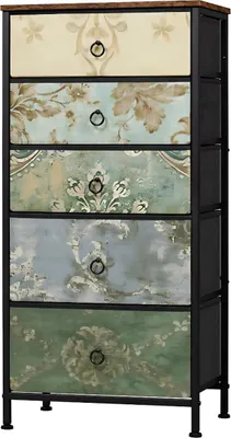 Obrázek produktu pro Happiq Fioren komoda s 5 látkovými zásuvkami - Rustikální průmyslový design - Ocelový rám - Vintage hnědá - 45,5 × 95,5 × 30 cm