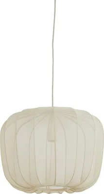 A pendant lamp with a fabric shade.