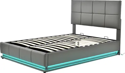 Produktbild von Merax Polsterbett 140x200cm mit LED, hydraulisches Boxspringbett mit Lattenrost und Stauraum, Doppelbett Holzbett Jugendbett Kunstleder, Grau