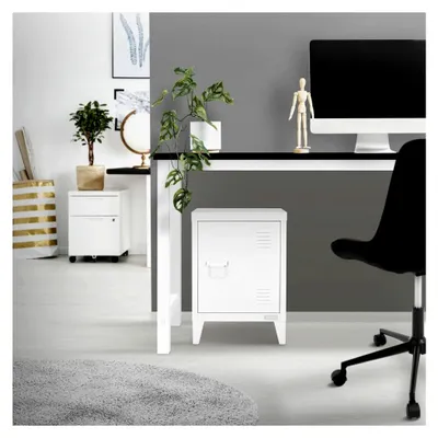 Produktbild von Aktenschrank, 40x30x57,5 cm, Weiß, aus Stahl, Büroschrank mit 4 Beinen, kleiner Lagerschrank, Einzeltür Metallschrank, Aufbewahrungsschrank, Sofatisch, Beistelltisch