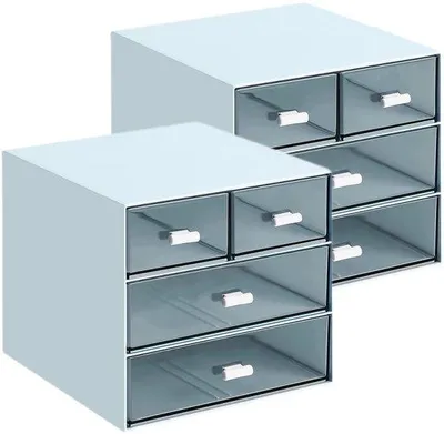 Immagine prodotto di Set di 2 organizer da scrivania Unyqoos® – 4 cassetti, contenitore in plastica con maniglia in silicone, blu/trasparente, 16,7 x 15,5 x 14,5 cm