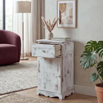 Productafbeelding van Commode, bijzettafeltje, nachtkastje, telefoonstandaard, 63x35x29cm, shabby-chic stijl, vintage, wit