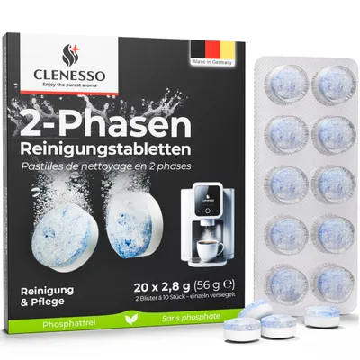 Produktbild von CLENESSO 2-Phasen Reinigungstabletten Kaffeevollautomaten (20 Stück) – Kaffeevollautomat Reinigungstabletten kompatibel mit Jura, Siemens, Melitta uvm
