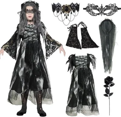 Productafbeelding van Horror bruidskostuum kinderen zombie bruidsjurk met sluier, oogmasker en ketting, Halloween kostuum