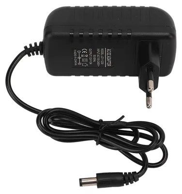 A black power adapter with a cord and plug on a white background.