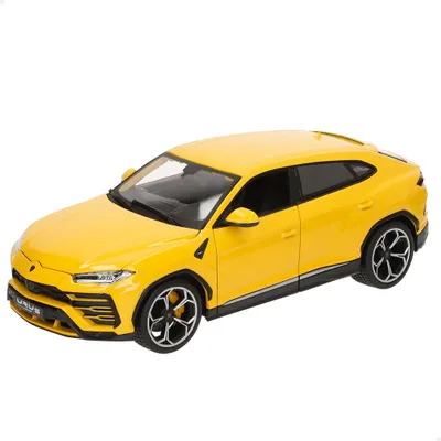 A yellow Lamborghini Urus toy car is shown from a side-angle on a white background.
