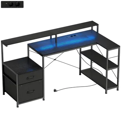 Image de Bureau de jeu en forme de L avec éclairage LED et prises électriques | Couleur : Noir | Dimensions : 165 x 80 x 91,5 cm
