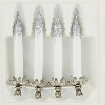 Produktbild von 4tlg. Glas-Baumkerzen Set in "Hochglanz Weiss Silber" - Weihnachtsbaumkerzen