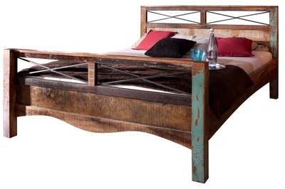 Immagine prodotto di MASSIVMOEBEL24 | Letto in legno riciclato 140x200x100 laccato multicolore NATURE OF SPIRIT #45