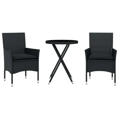 Produktbild von 3-tlg. Bistro-Set mit Kissen Schwarz Poly Rattan und Glas