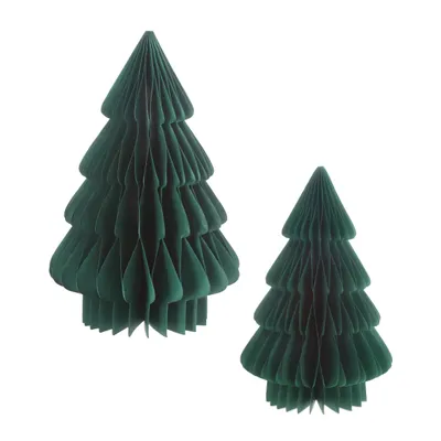 Two green honeycomb Christmas trees on a white background.